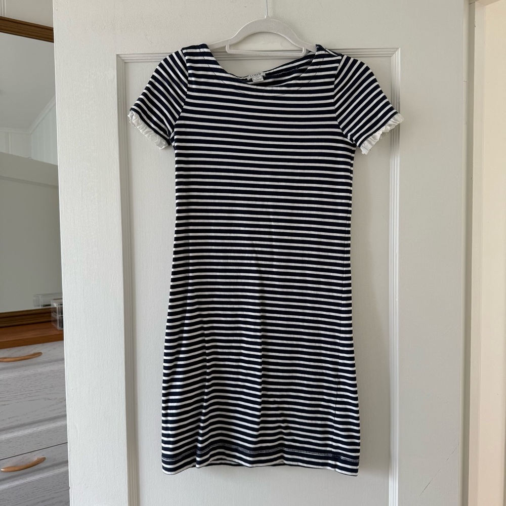 J. Crew Navy and White Striped Nautical Short Sleeve Crewneck Ruffle Dress XXS